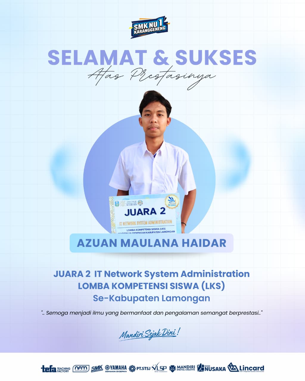 Juara 2 LKS Dikmen tingkat Kabupaten Lamongan bidang IT Network System Administration